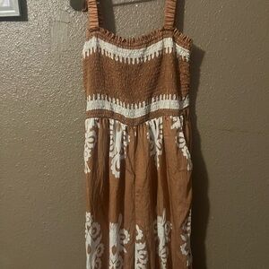 Brown and White Smocked Jumpsuit